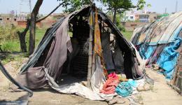 Die Bewohner des offenen Straßenslums in Samastipur leben in, notdürftig aus Bambusstäben und Plastikplanen errichteten, Behausungen, welche kaum Schutz vor der Hitze, Regen und Ungeziefer bieten können.
